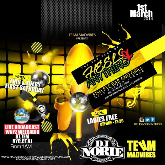 Original 2014 Heels and Anything flyer with Team Madvibes live broadcast